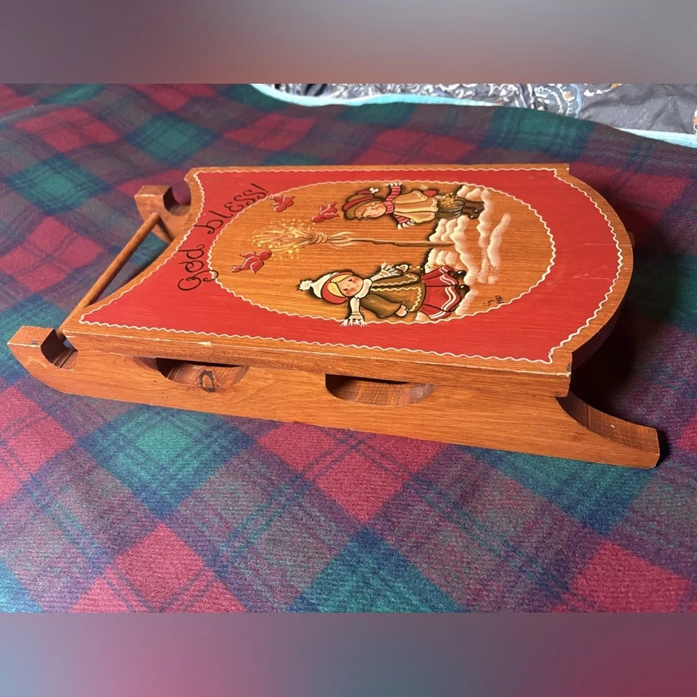 Vintage Wooden Holiday Folk Art Sled Decor